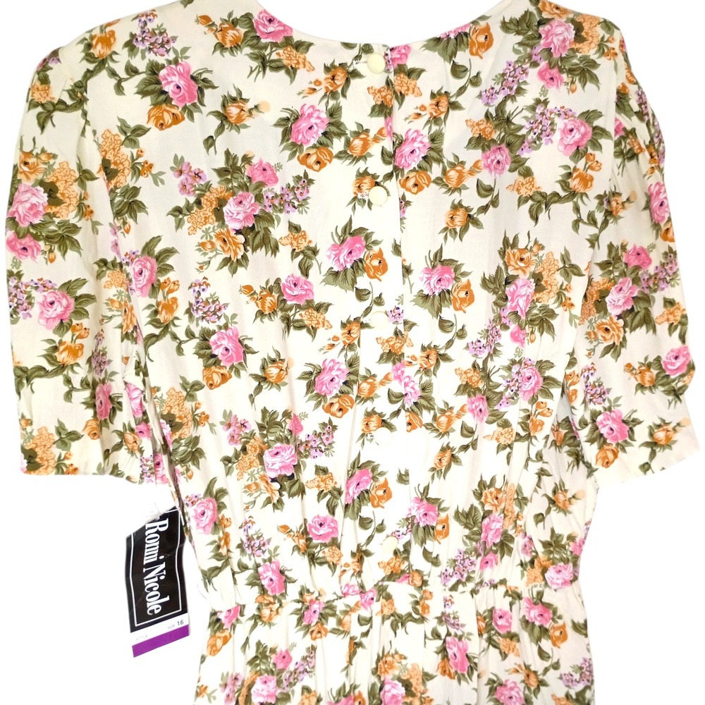 Vintage Ronni Nicole Floral Rayon Midi Dress Short Sleeve Cream Sz 16 NWT 80s - Picture 4 of 15
